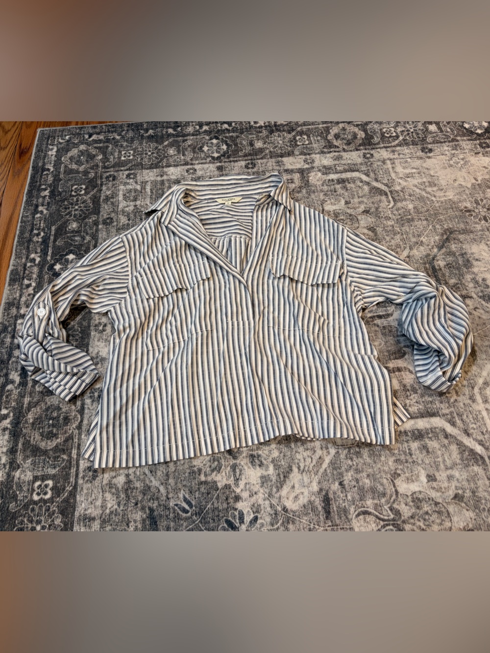 Max Studio Navy and White Striped Relaxed Button-Front Shirt